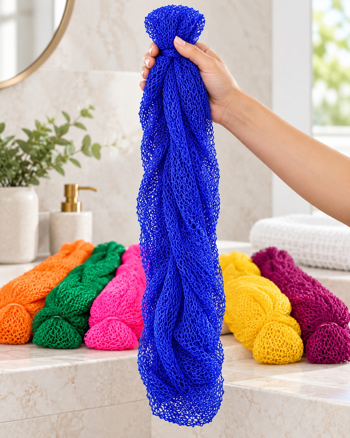 Blue bathing sponge held in hand with color options behind it