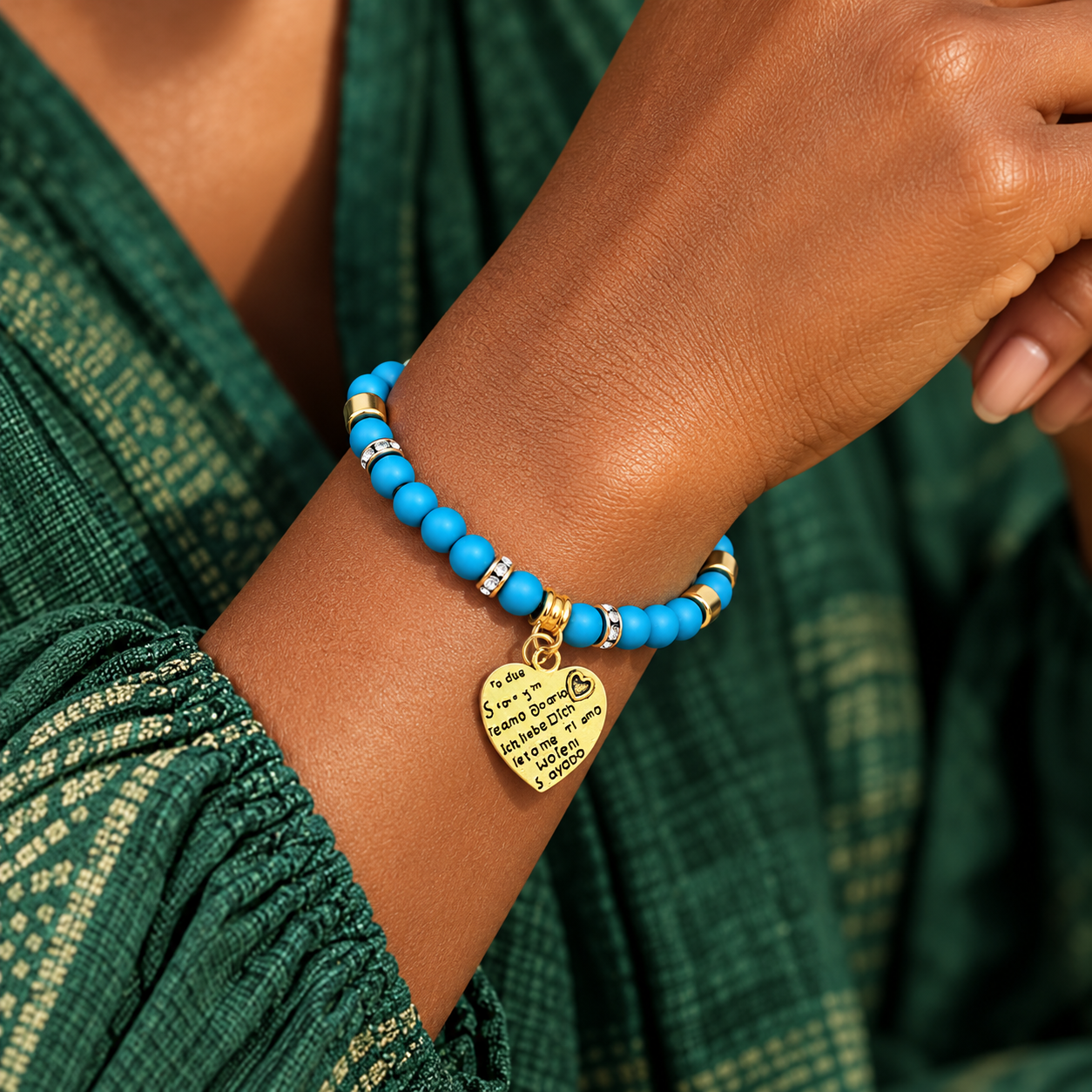 Blue beaded bracelet with gold heart charm worn on a wrist