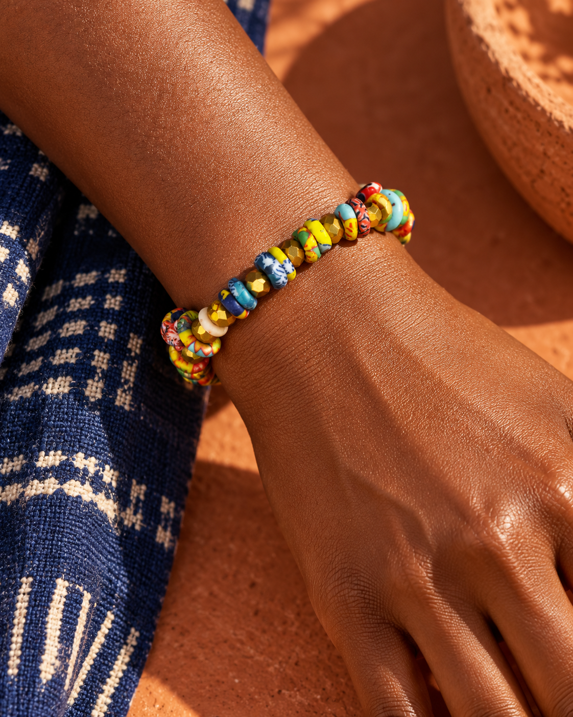 Royal colors beaded bracelet styled on a wrist