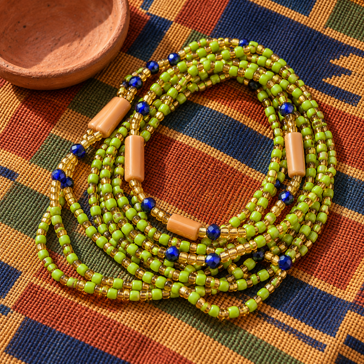 Peach and green waist beads styled on woven Ghanaian cloth