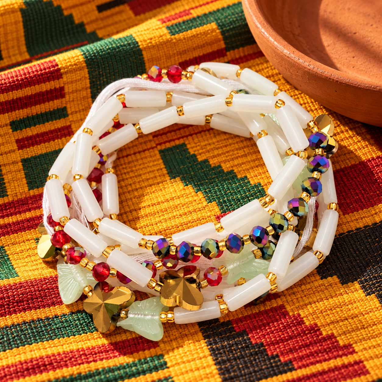 White and red waist beads styled on woven Ghanaian cloth